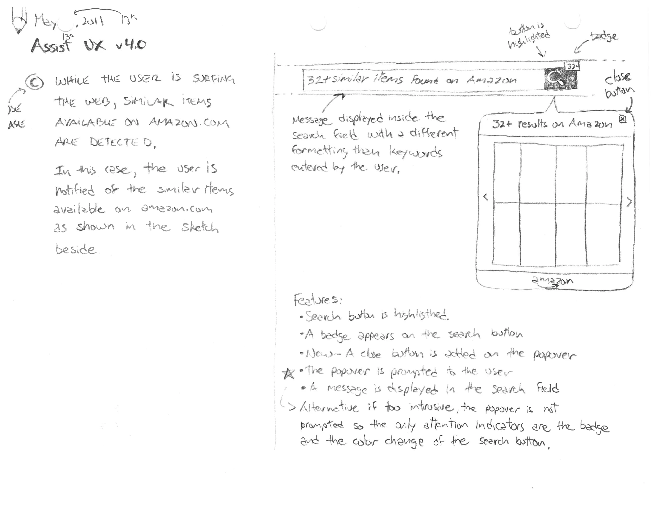 A hand-drawn page, Assist UX v4.0: a message in the search field, a badge on the search button, and the popover of similar items, with the alternative if it is too intrusive written below.