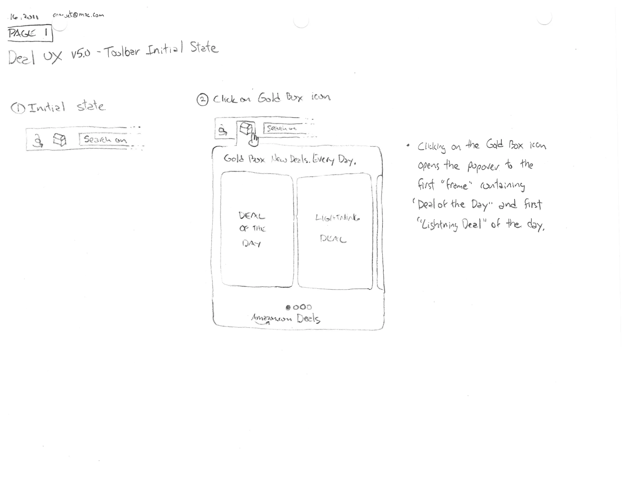 A hand-drawn page, Deal UX v5.0: the toolbar’s initial state, then the popover that opens from the gold box icon with the deal of the day and the first lightning deal.