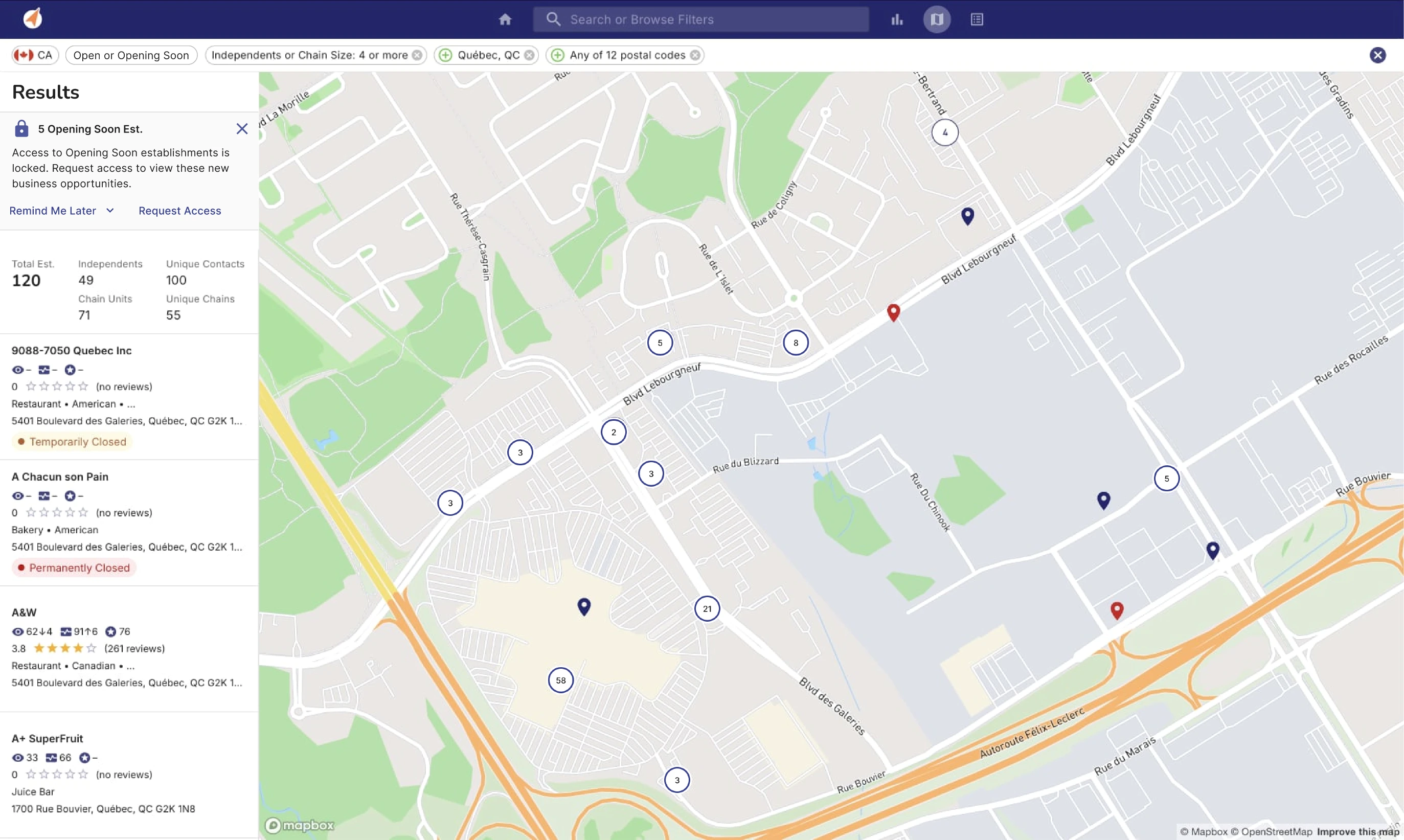 The live Brizo results view: filter chips across the top, a locked Opening Soon panel and result list on the left, a map of colour-coded status pins beside it.