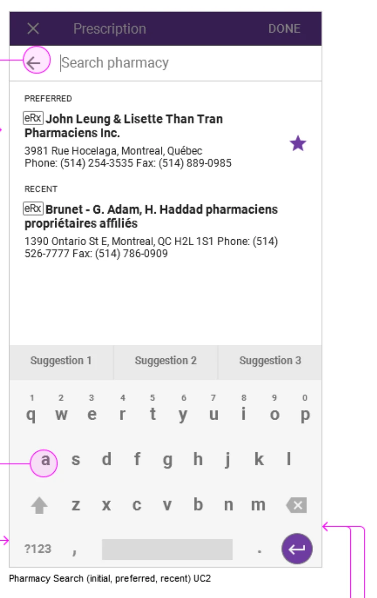 The prescriber’s pharmacy search on a phone: a preferred pharmacy and a recent one, above the keyboard.